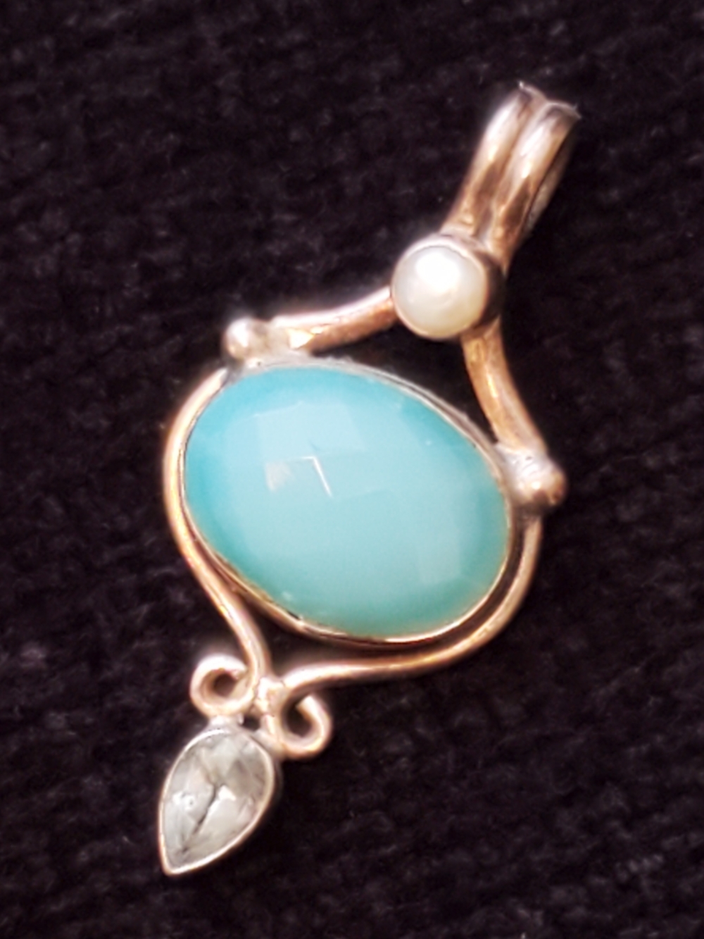 Sterling Silver Pendant with Cushion Cut Turquoise Blue, Crystal & Pearl Accent